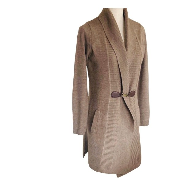 Ellen Tracy Cardigan Sweater M Long Length Tan Wool Blend Pockets Wide V Neck - Picture 1 of 16
